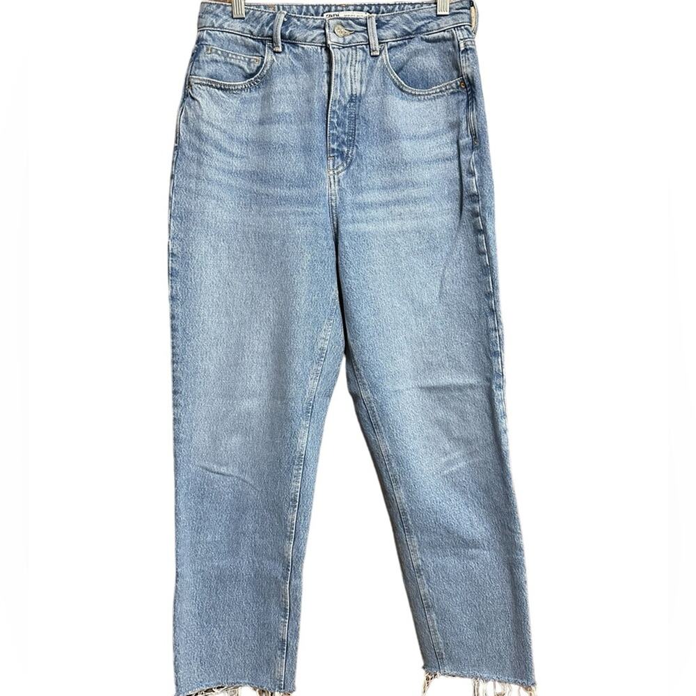 Zara Light Blue Frayed Hem High Waist Wide Leg Button Fly Ankle Length Jeans
